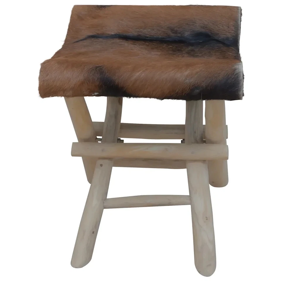 Folding Stool Brown Real goat leather solid teak wood Medium vidaXL - Image 3 of 4
