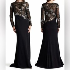 NEW Tadashi Shoji Black Sequin Under sea Lace Bodice Long Sleeve Gown Size 2