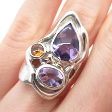 HAGIT GORALI 925 Sterling Silver Vintage Real Amethyst & Citrine Ring Size 6.25