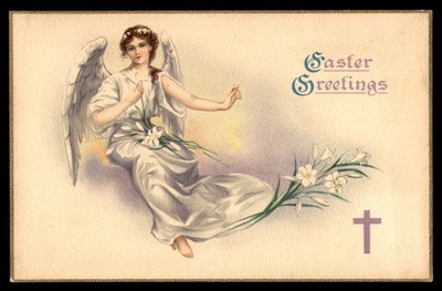 Postcard Easter Greetings: Angel with Lilies & Cross