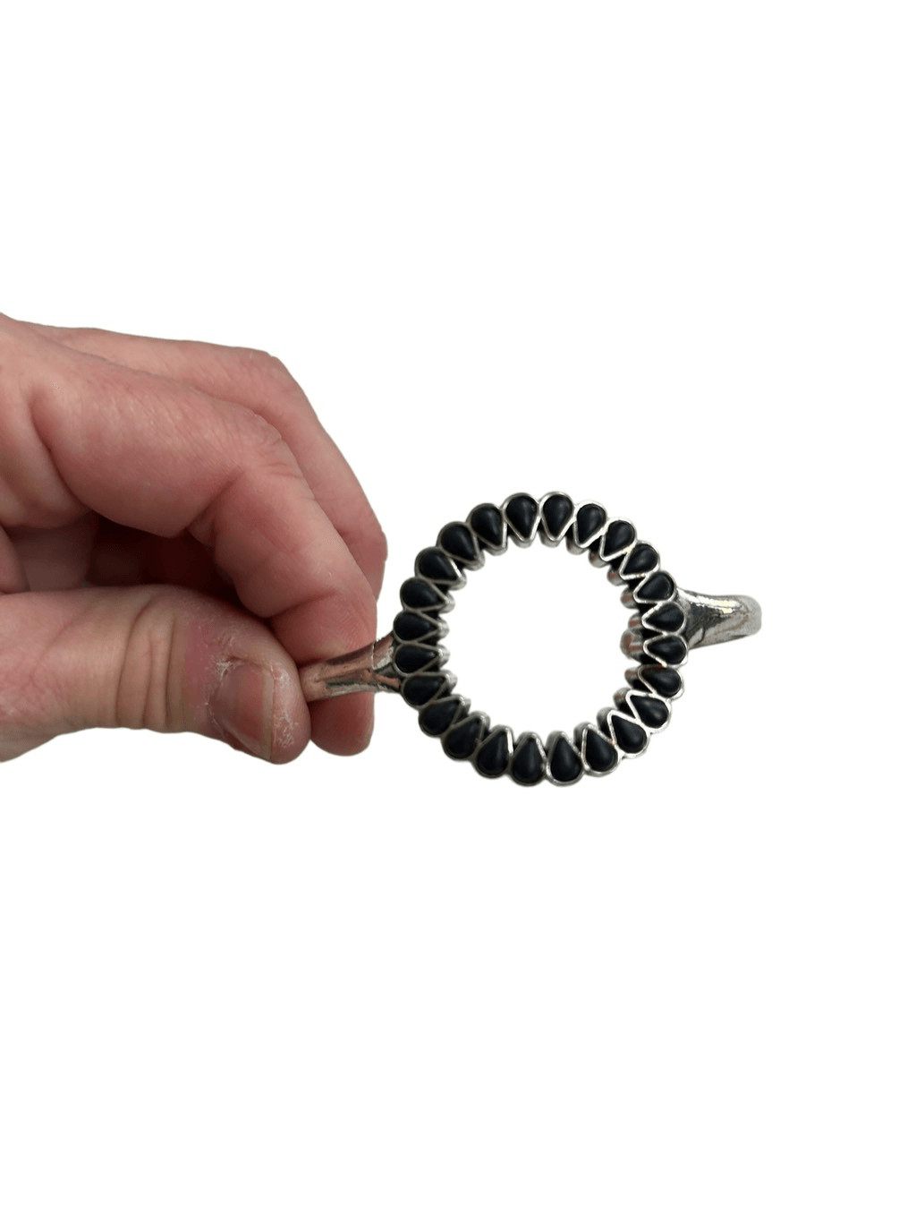 Silver and black open circle patterned cuff brace… - image 8