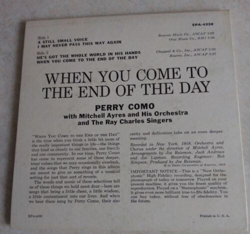 Perry Como When You Come To The End Of The Day 1958 RCA Victor EPA 4326 EX - Picture 2 of 6