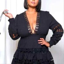 NWT Posh Shoppe Lace Mini Dress Women Size 3x Black Long Sleeve Deep V-Neck 