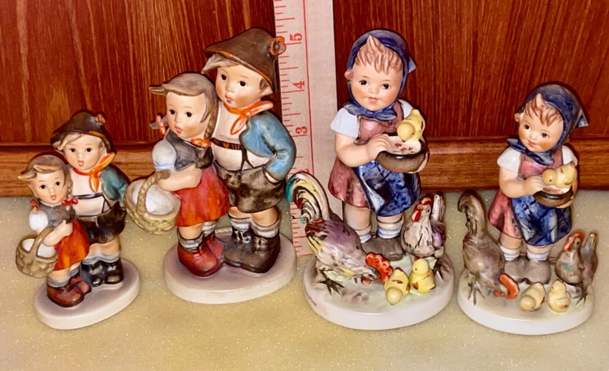 4 pcs Goebel Hummel Figurine Feeding Time 199/I Girl with Chickens