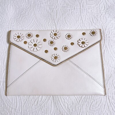 rebecca minkoff Leo envelope clutch white leather zipper trim