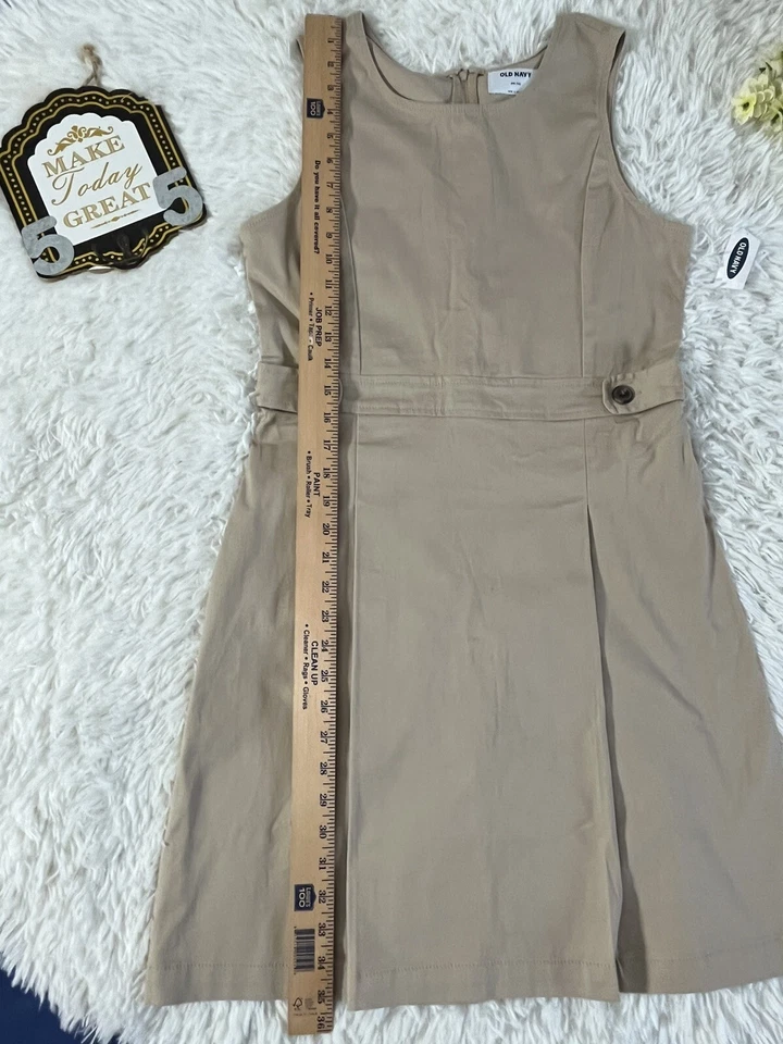 Antiguo Vestido Jersey Azul Marino Uniforme Tostado Caqui Sin Mangas Niñas Talla XXL 16 Foto 3 de 4