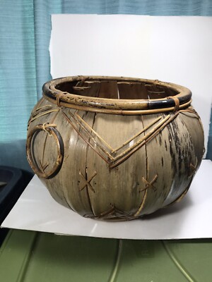 Large Vintage Bamboo Split Wood Reed Cane Planter Plant Pot Boho Basket Tiki