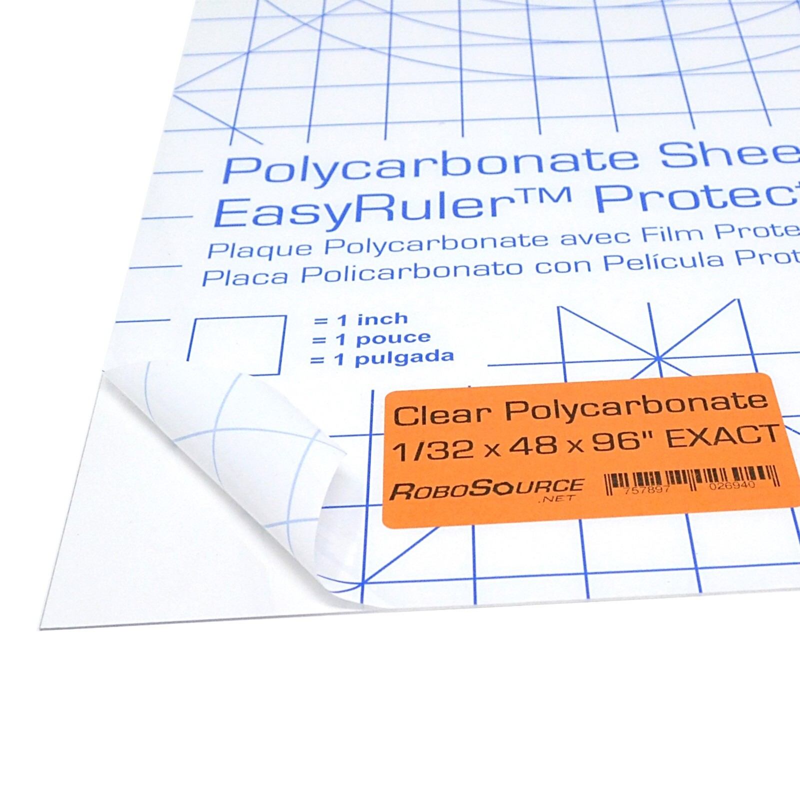 Polycarbonate Plastic Sheet 48" X 96" X 0.030" (1/32") Exact with EasyRuler Film