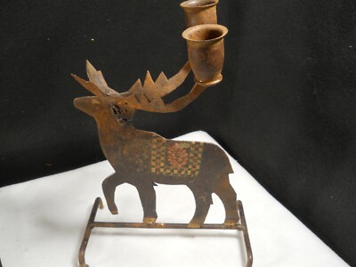 Rustic Rusty Metal Moose Candleholder -2 Candles - Pinecone decor