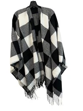 Plaid Open Front Shawl Poncho Cape Wrap WOMENS ONE SIZE White/Black
