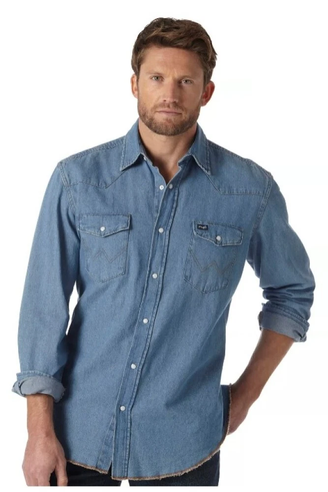 Wrangler MS7127D Cowboy Cut Western Denim Work Shirt XL Stonewash