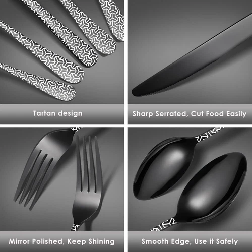 30tlg.Edelstahl Besteck Set Schwarz Matt für 6, Essbesteck mit Schachbrettmuster - Bild 2 von 11