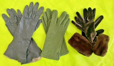Women's Gloves 3 Pr - Dk Brown Velvet w Fur Trim, Green Knit & Bk Leather  