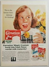 1958 Print Ad Carnation Non-Fat Dry Milk Girl with Milk Mustache 