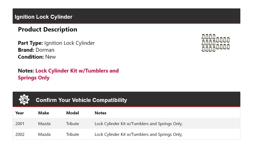 Cilindro de bloqueo de encendido para Mazda Tribute Dorman 2001-2002 Foto 2 de 4