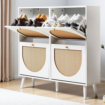Rattan Shoe Cabinet - 4 Flip-Down Bins, White & Tapered Legs Organizer