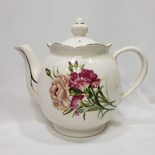 Vintage Teekanne weiß Keramik rosa Pfingstrose Blumen gold vergoldet 4 Tassen - Bild 1 von 9