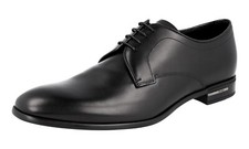 PRADA Classic Leather Derby Dress Shoes - Logo Heel Black NEW -  US 8.5 EU 41,5