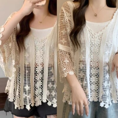 Casual Knitwear for Women with Unique Embroidered Flower and Hollowed Crop Top