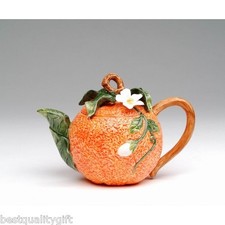 NEW HANDMADE PORCELAIN ORANGE FRUIT,WHITE FLOWER+GREEN LEAF TEAPOT-8 OZ 