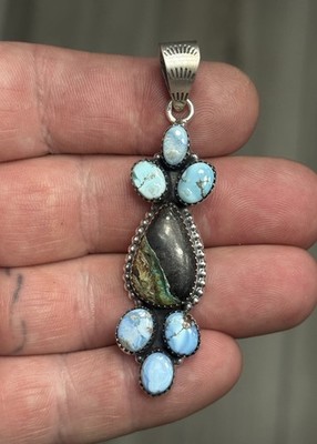 STERLING SILVER BLACK JACK & GOLDEN HILLS TURQUOISE STATMENT CLUSTER PENDANT 925