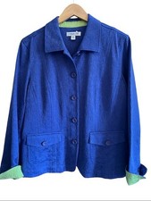 Coldwater Creek Blue Brocade Blazer Jacket 1X 16 Floral Jacquard Lime Contrast