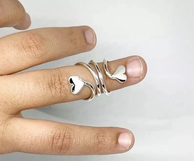 Solid 925 Sterling Silver Dual Heart Mallet Finger Ring Splint Ring All Size