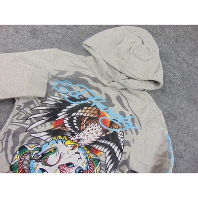 Ed Hardy Hoodie Mens Small Gray Eagle Skull Snake Graphic Y2K Tattoo Streetwear