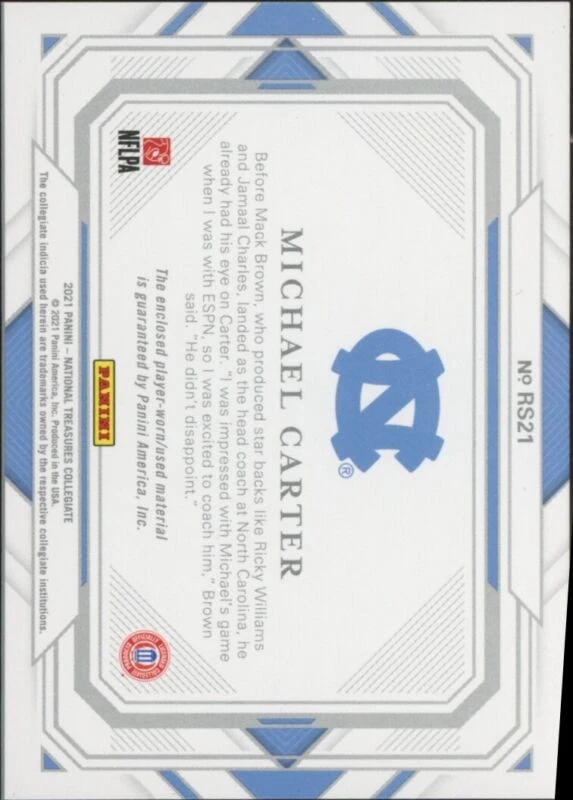 2021 PANINI NATIONAL TREASURES MICHAEL CARTER RS21 MT JERSEY 13/99 TAR HEELS - Image 2 of 2