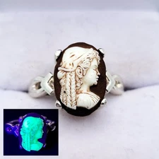 Sterling Cameo Uranium Glass Ring Antique Czech Cabochon 925 Silver