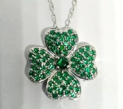 14K White Gold Plated Flower 2Ct Round Cut Lab Created Emerald Elegant Pendant