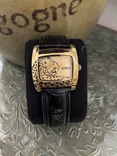 Reloj Effy NY "Big Cat" Leopardo Tanque Tono Dorado Correa de Cuero - BATERÍA NUEVA