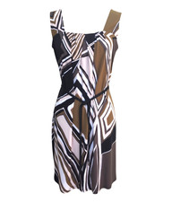 DANA BUCHMAN Travel Anywhere KNIT DRESS Brown/Tan Geo Print SHIFT w/BELT sz M