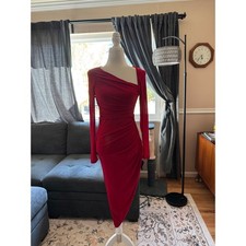 NWT Lulus Authentic Vibe Red Long Sleeve Asymmetrical Midi Dress Size Small