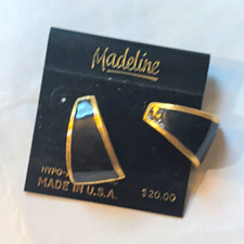 Madeline Geometric Stud Clip-On Earrings Black/Gold Tone Retro Made in USA