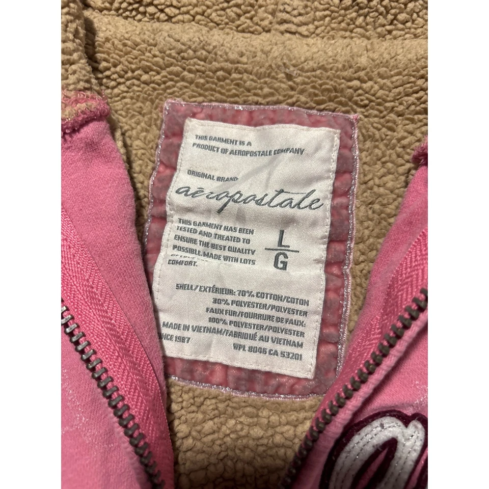 Винтажная розовая толстовка с капюшоном на молнии Y2K Aeropostale 87 с вышивкой шерпа с подкладкой женская - Изображение 3 из 4