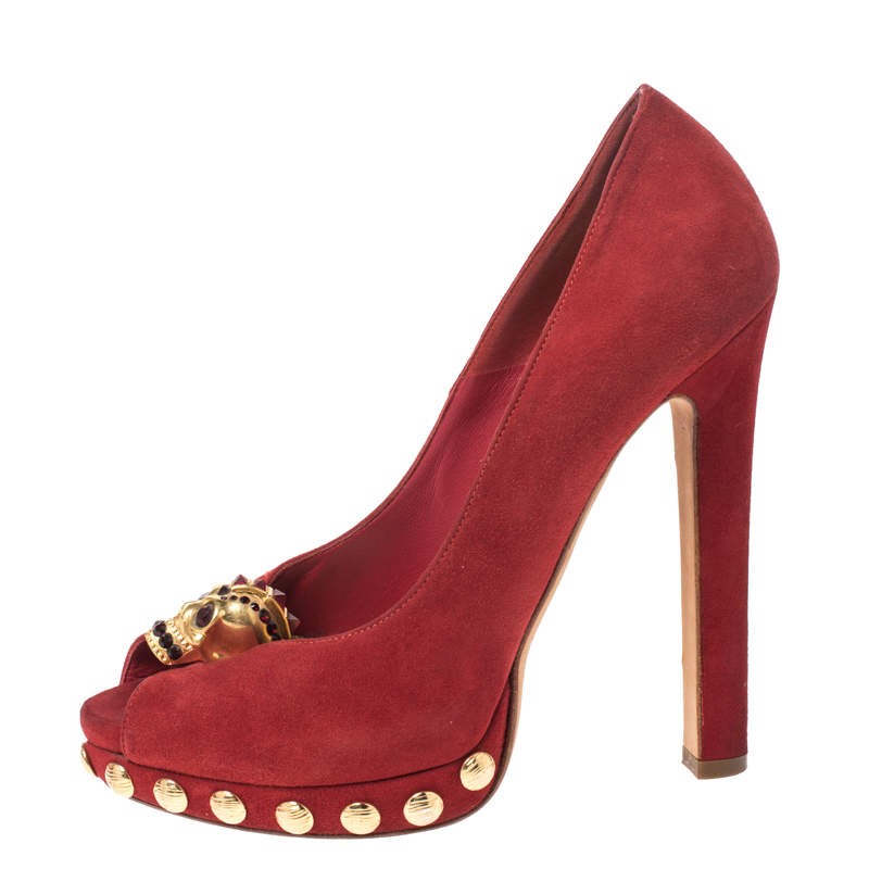 ALEXANDER MCQUEEN ポインテッドトゥ バックル ハイヒール 美品 Alexander McQueen Red Suede Skull Embellished Peep Toe Pumps Size