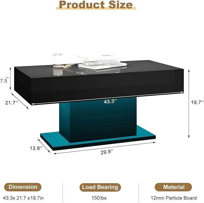 High Glossy Led Coffee Table Living Room Table Rectangular Center Table Black - Image 2 of 4