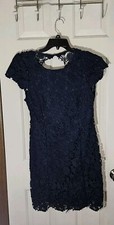 Lulus Dress Sz L Navy Lace Floral Sheath Lined Open Back Event Bridal Cottage