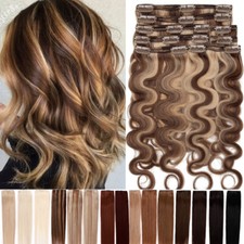 Thick Double Weft Clip In Remy Human Hair Extensions Full Head highlight Wavy 18