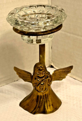 Vintage Brass Angel w/ Bolsius France Heavy Glass Taper Candle Holder 7'' Tall