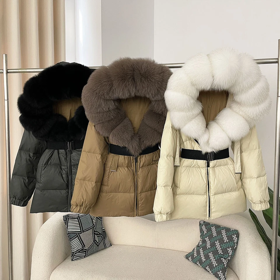 Hooded Womens Real Fox Fur Big Collar Down Jacket Short Coat Overcoat Outwear sz - Image 2 of 4