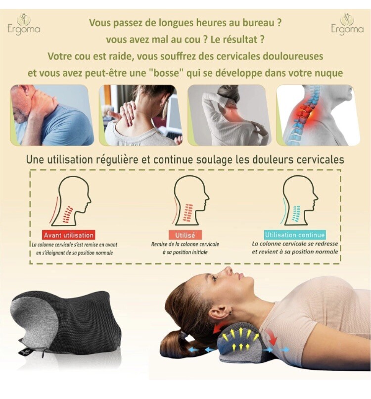 Coussin traction cervicales douloureuses Ergoma avec points d'acupression ergonomiques