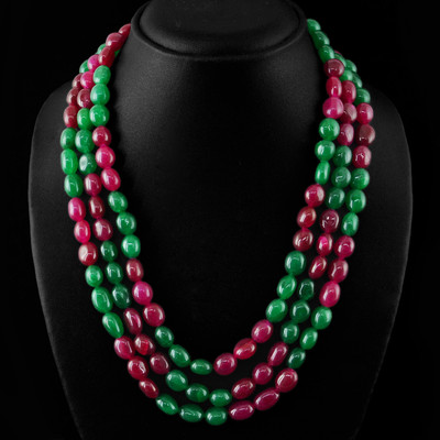 WONDERFUL EXCLUSIVE 736.25 CTS NATURAL 3 LINE RUBY & EMERALD BEADS NECKLACE (RS)