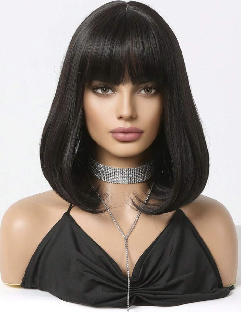 Perruque Synthétique Courte Noire Carré - Bonnet Ajustable Avec Frange, Style Naturel