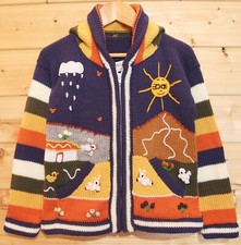 Strickjacke blau bunt Gr.110*116 lange Kapuze Peru Tiere Bauernhof 8B1