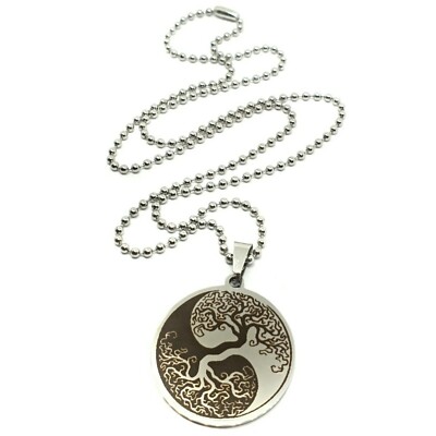  Yin Yang Lebensbaum Anhänger 20'' Kugelkette Halskette heidnisch Boho geätzter Stahl 