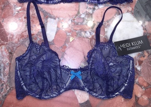 Reggiseno nuovo con etichette $62 Heidi Klum intimo Sabine sexy pizzo sera blu sfoderato UW 32D - Foto 2 di 4