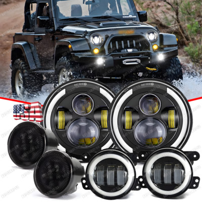 For Jeep 2007-2018 Wrangler JK Kits 7'' Halo LED Headlights Turn Fog Lights 6pc