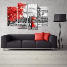 Big Ben UK River Romantic Couple Red Umbrella 4 Piece Panel Canvas Wall Art